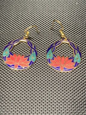 Cloisonné Earrings with Lotus Flower Design